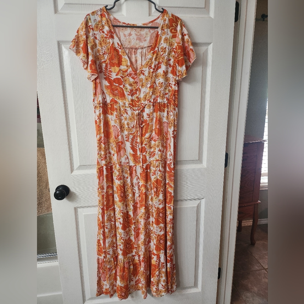 Amazon Orange and White Ruffled Tiered Maxi Sundress